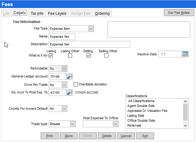 Set up income and expense fees (Back Office)