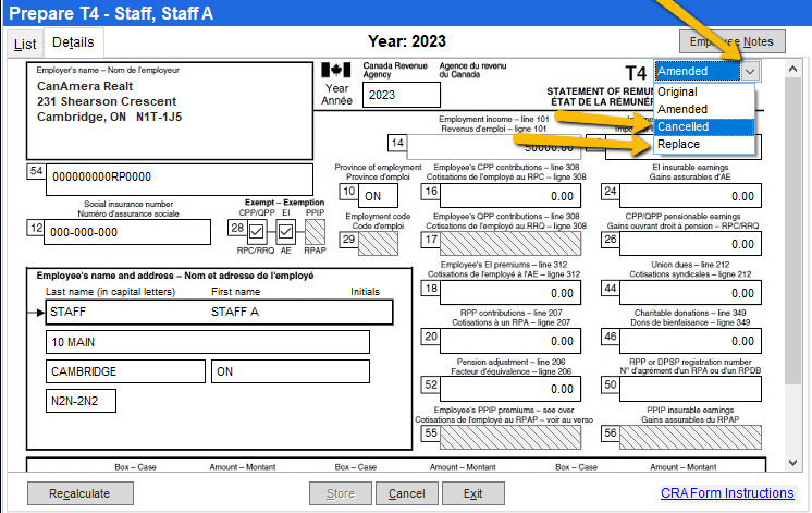 Amend, cancel, or replace a T4 slip [CAN] (Back Office)