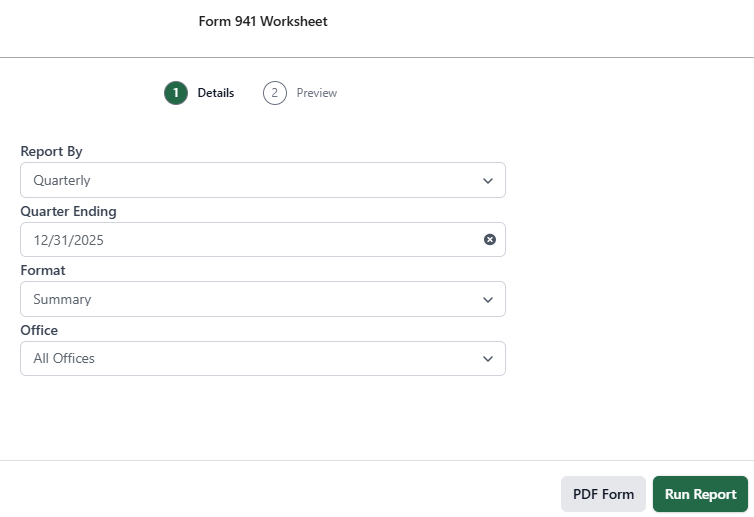 Generate a Form 941 Worksheet report [U.S.] (new Back Office)