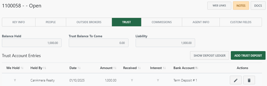 Add a deposit entry for a transaction (new Back Office)