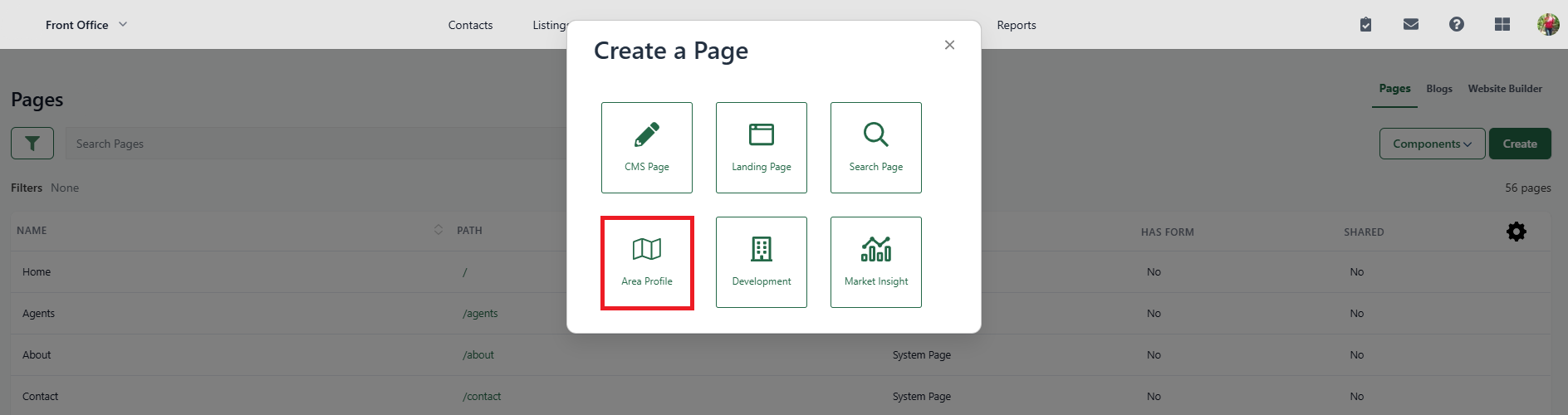 Create an area profile (Front Office)