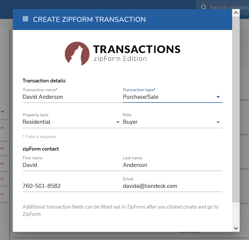 Create a zipForm Edition transaction in LionDesk