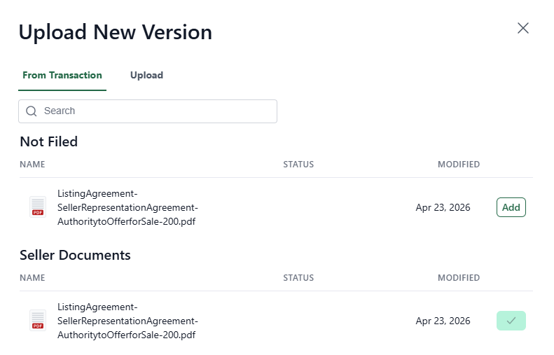 Upload a new version of a document (Transact)