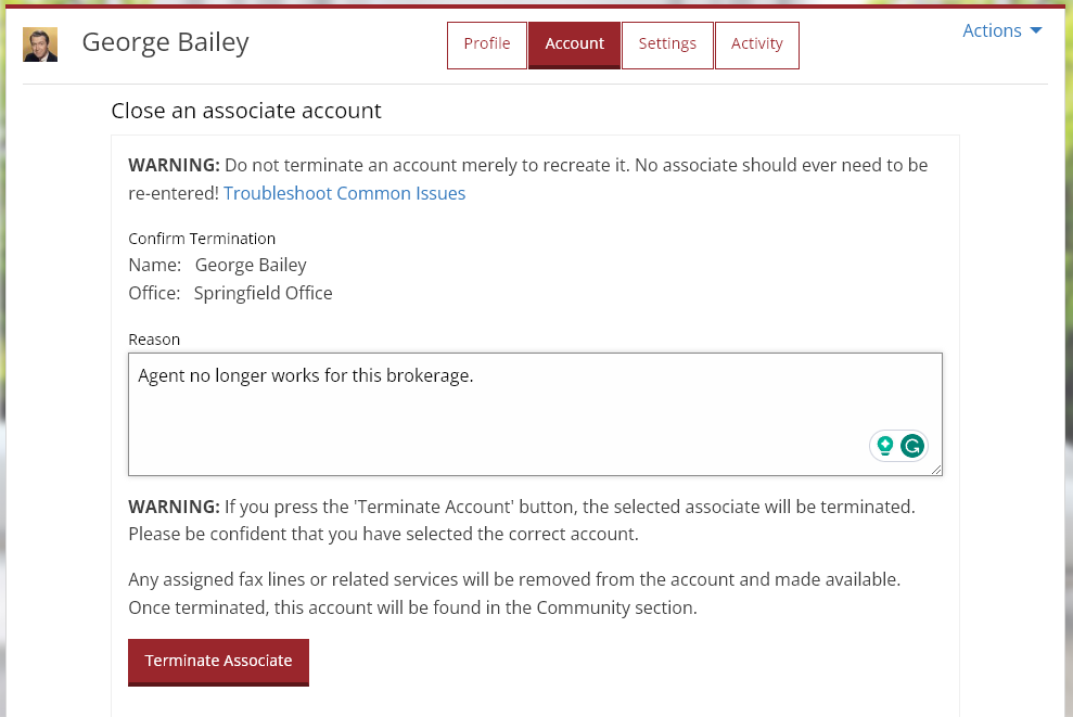 Terminate an associate account (Workspace)